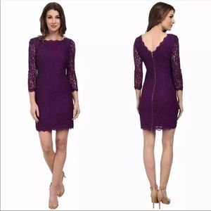 Adrianna Papell lace overlay 3/4 sleeve sheath dress size 6 purple